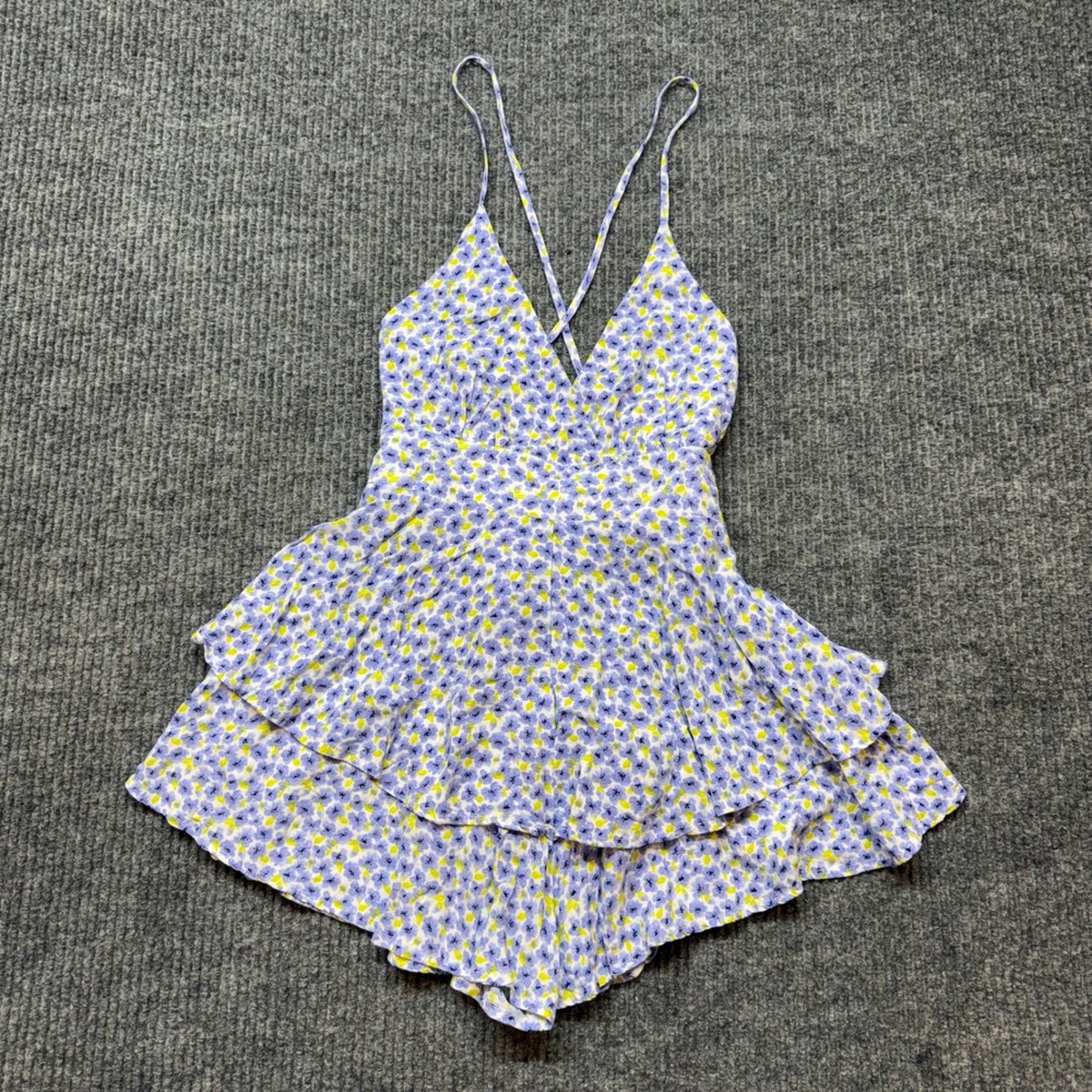 Forever 21 Floral Tiered Romper Small Blue Yellow Adjustable Strap Coquette